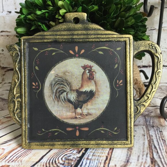 Vintage Rooster Themed Cast Metal Teapot Shaped Trivet/Wall Decor - Picture 1 of 10